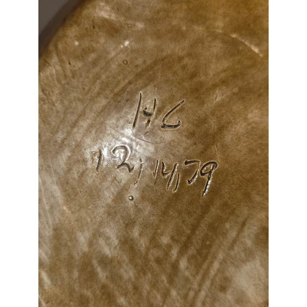 Vintage Brown & White Glossy Pottery Vase Leaf Pattern, Incised PG  12/14/1979